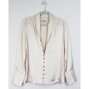 NEW Nicholas Sahra Satin V-Neck Golden Bead Button Front Curved Hem Blouse Ivory